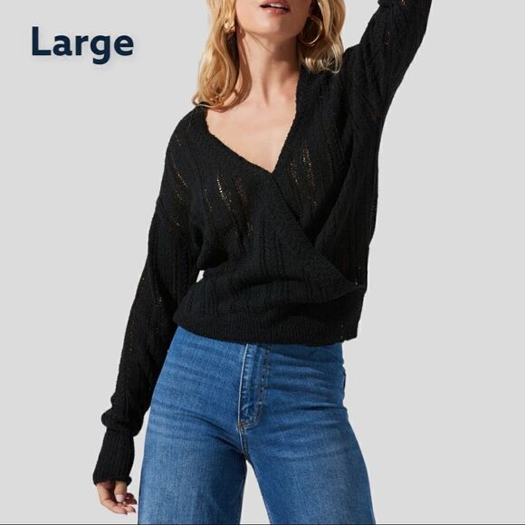 Wrap front pointelle sweater black L - Picture 1 of 10
